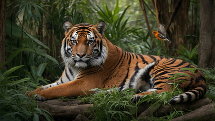 Fototapeta premium Tiger in a Tropical Jungle with a Bird in Flight