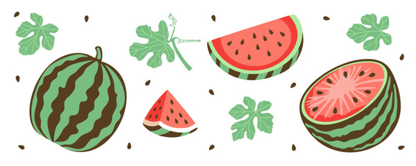 Watermelon clip art. Whole berry, slice, half, seeds and leaves isolated on white. Colored icon set in simple flat design. Vector illustration.