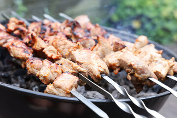Cooking delicious kebab on metal brazier outdoors, closeup