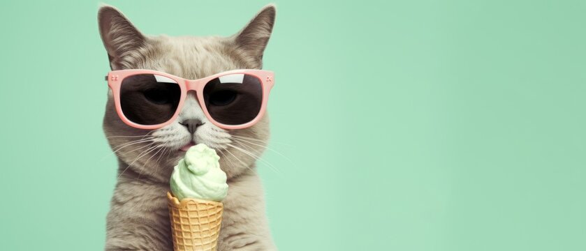 Funny animal pet summer holiday vacation photography banner - Close up of cat with sunglasses, eating ice cream in cone, isolated on mint green background