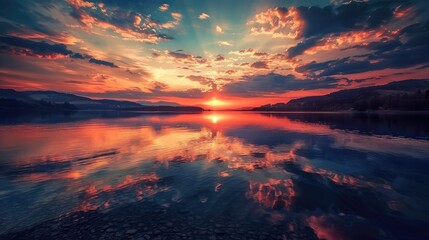 Fototapeta premium The stunning and peaceful sunset scenery over the lake