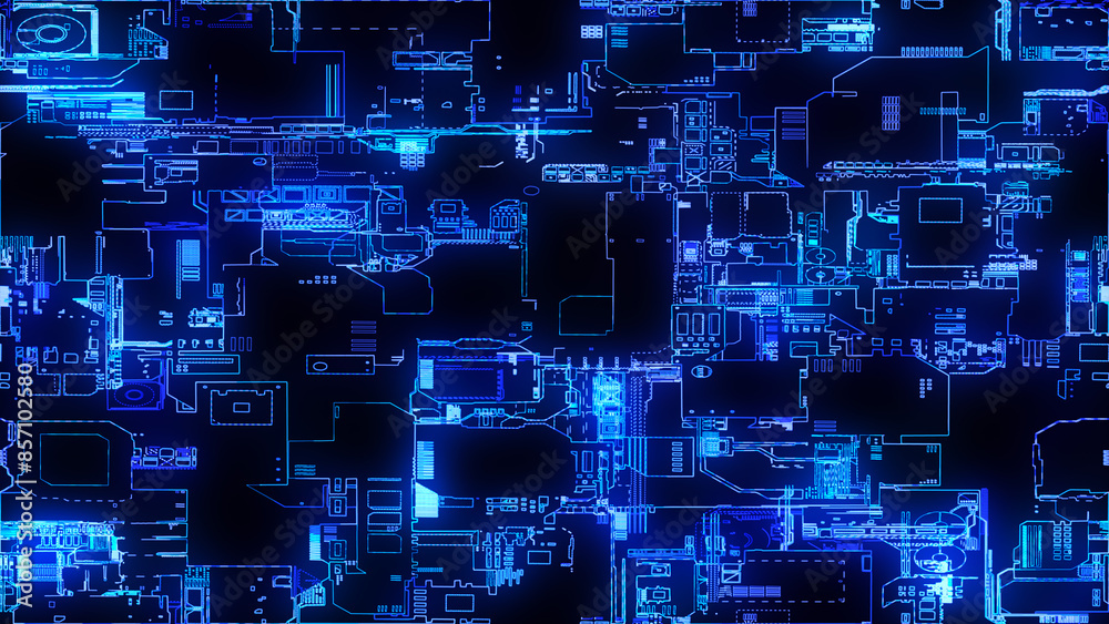 Poster printed circuit board. visualization of advanced technology concept: pcb processor microchip, digiti