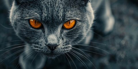 Close up of a Gray Cat with Striking Orange Eyes in a Moody Background