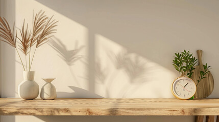 Minimal cozy counter mockup design perfect for product presentation or branding in a Japan style interior featuring a bright wood counter and warm white wall, complemented by a vase plant and a clock.