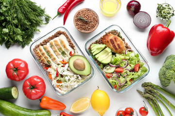Healthy diet. Different meals in glass containers and products on white background, flat lay