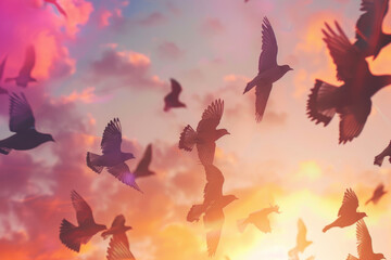 Silhouettes of Birds in Flight Against a Colorful Sunset Sky
