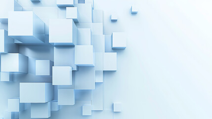 White background with a little sky blue pixel blocks on the right side, a 3D realism style and simple lines and shapes, business and technology background