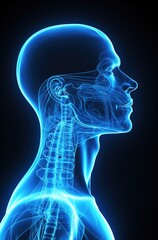 A 3D rendering of an X-ray showing a lateral or profile view of the oropharynx with male body contours, focusing on human anatomy, medicine, biology, science, and healthcare concepts.
