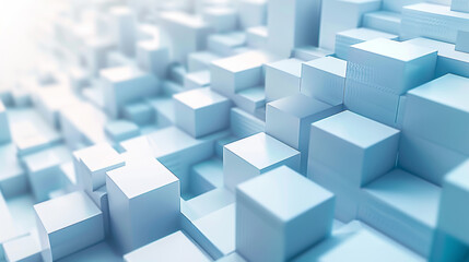 Obraz premium White background with a little sky blue pixel blocks on the right side, a 3D realism style and simple lines and shapes, business and technology background