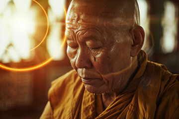 Elderly Monk in Meditation with Sunlight Illumination in Tranquil Setting