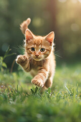 Adorable Orange Kitten Running Outdoors in Sunlit Garden