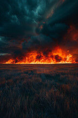 Obraz premium Intense Wildfire Blaze in Grassland Under Stormy Sky with Thick Smoke