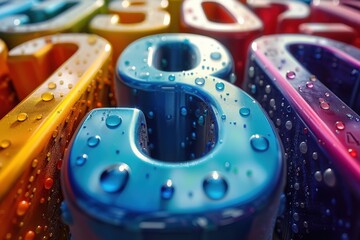 A close-up of colorful numbers covered in dew droplets, showcasing an interesting arrangement and representing freshness, morning dew, and the beauty of mathematical art.