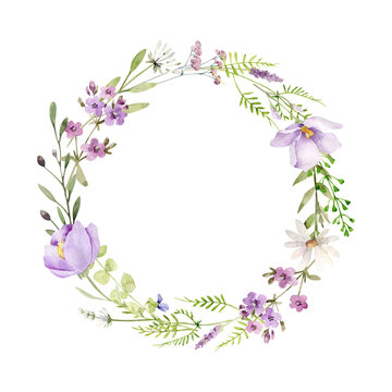 round frame with wildflowers and herbs.floral wreath.