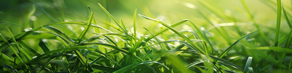 Obraz premium Close Up View of Fresh Green Grass Blades Bathed in Gentle Sunlight