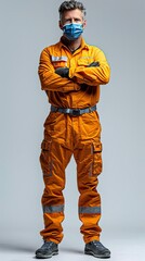 Muscular Australian worker wearing PPE, adjusting hard hat against grungy background
