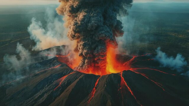 View of the volcano erupting from the air, Seamless 4K looping virtual video animation background