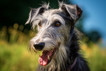 Fototapeta premium Portrait of a smiling scottish deerhound over solid color backdrop