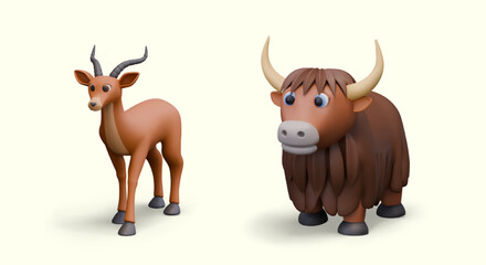 Realistic gazelle, yak. Horned ungulate herbivores of various types