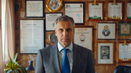 A man in a suit and blue tie stands in an office with numerous framed awards and certificates on the wall.