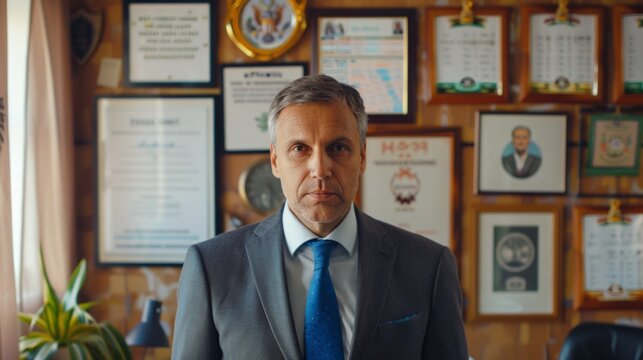 A man in a suit and blue tie stands in an office with numerous framed awards and certificates on the wall.