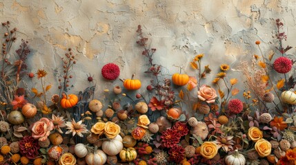 fall harvest decorations, beautiful autumn botanical collage with chestnuts, dried flowers, and gourds, perfect for creating a cozy fall atmosphere on banners or posters