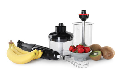 Hand blender kit, fresh fruits and strawberries isolated on white