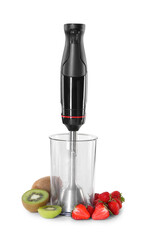 Hand blender kit, fresh kiwis and strawberries isolated on white