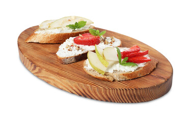 Delicious bruschettas with fresh ricotta (cream cheese), strawberry, mint and pear isolated on white