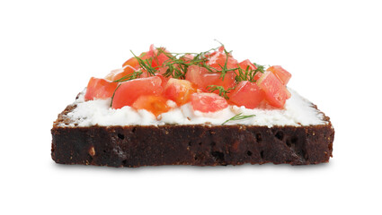 Delicious bruschetta with fresh ricotta (cream cheese), tomato and dill isolated on white