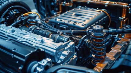 The image shows a close-up of a car engine. It has various components, including coils, cables, and metallic parts.