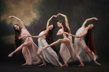 Enchanted Harmony. Graceful dancers in flowing gowns pose against vintage studio background. Concept of ballet, history and classic, fusion of modernity and ancient times in art.