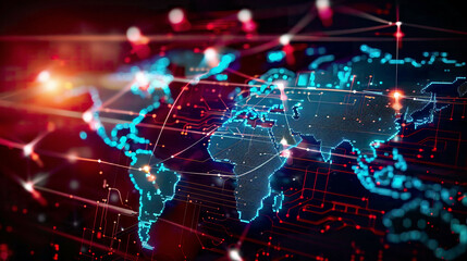Obraz premium Blockchain technology on futuristic HUD background with world map and blockchain peer to peer network. Global cryptocurrency blockchain business banner concept. 