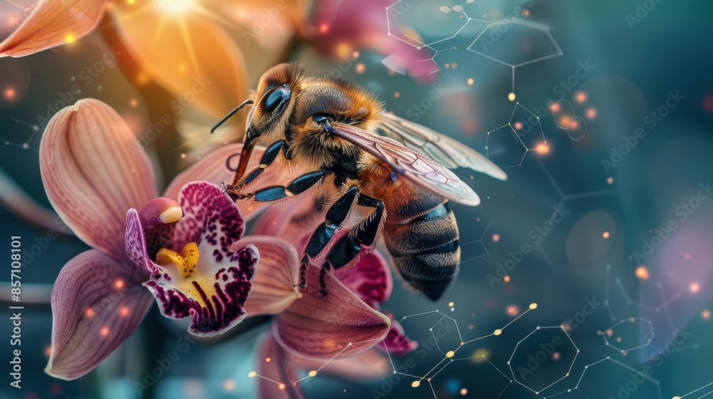 Wall mural Close-up of a bee pollinating a stunning orchid, highlighting the interconnectedness of technology and nature with space above for text, illustration background