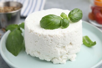 Fresh ricotta (cream cheese) and basil on table, closeup