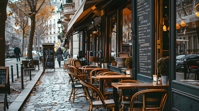  A charming Parisian cafe with wicker chairs and tables set out on a cobblestone sidewalk on a drizzly day. The warm glow of the interior lights contrasts with the cool tones of the street