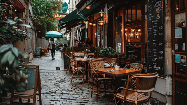 Fototapeta A view down a narrow cobblestone street in Paris, France, lined with buildings and shops. The street is lined with outdoor cafe seating, featuring tables and chairs set for diners