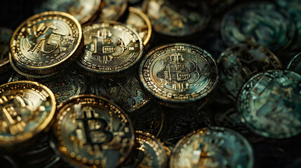 Close-up of Bitcoin coins detailed texture high resolution 
