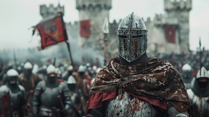 Obraz premium Embark on a historical journey with this professional image capturing the Portuguese army during the Middle Ages, featuring courageous soldiers adorned in authentic medieval armor