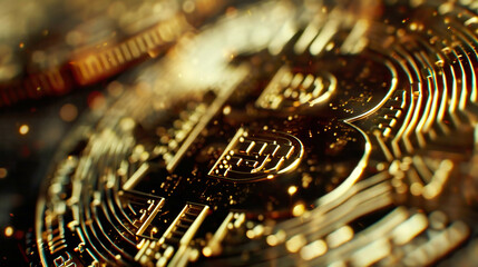 Close-up shot of bitcoin cryptocurrency gold coin with intricate designsharp and clear dark background 