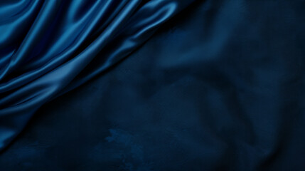 Luxurious blue silk fabric with elegant folds and smooth texture, poster, copy space