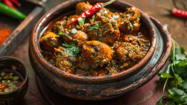 Kerala Style Spicy Asian Chicken Curry with Thick Gravy Served with Kerala Porotta a Popular Breakfast Dish Cooked in an Earthen Pot