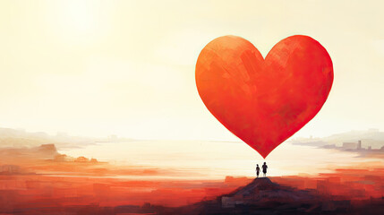 Fototapeta premium picture of two people standing on a hill with a big heart in front of them. valentine's day 