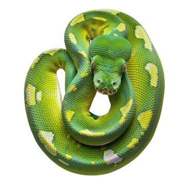 Close-up of a vibrant green tree python coiled in a striking display, showcasing its vivid scales and captivating pattern against a white background.