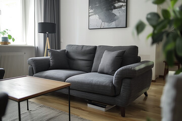 photo of black sofa and recliner chair with plants in a scandinavian clean and minimalist living room apartment and design interior furniture