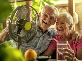 Elderly Caucasian Couple Cooling Down with Fan and Water at Home During Summer, Emphasizing Hydration and Comfort
