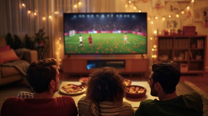 Three people are watching a soccer game on TV in a cozy room with string lights and snacks on the table.