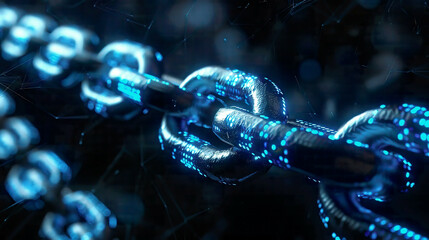 Digital blockchain concept 3D rendered chain of glowing blue code metallic links detailed dark futuristic background 