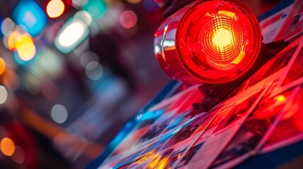 "National Night Out: Macro View of Red Police Siren on Safety Pamphlets Under Evening Lights, Artistic High-Detail Focus