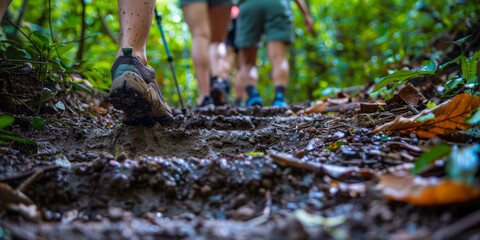 Obraz premium Group of Hikers Walking on Muddy Trail in Dense Forest